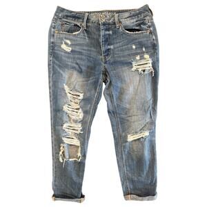 American Eagle Tomgirl Jeans Womens 8 Distressed Boyfriend Fit Medium Wash Denim